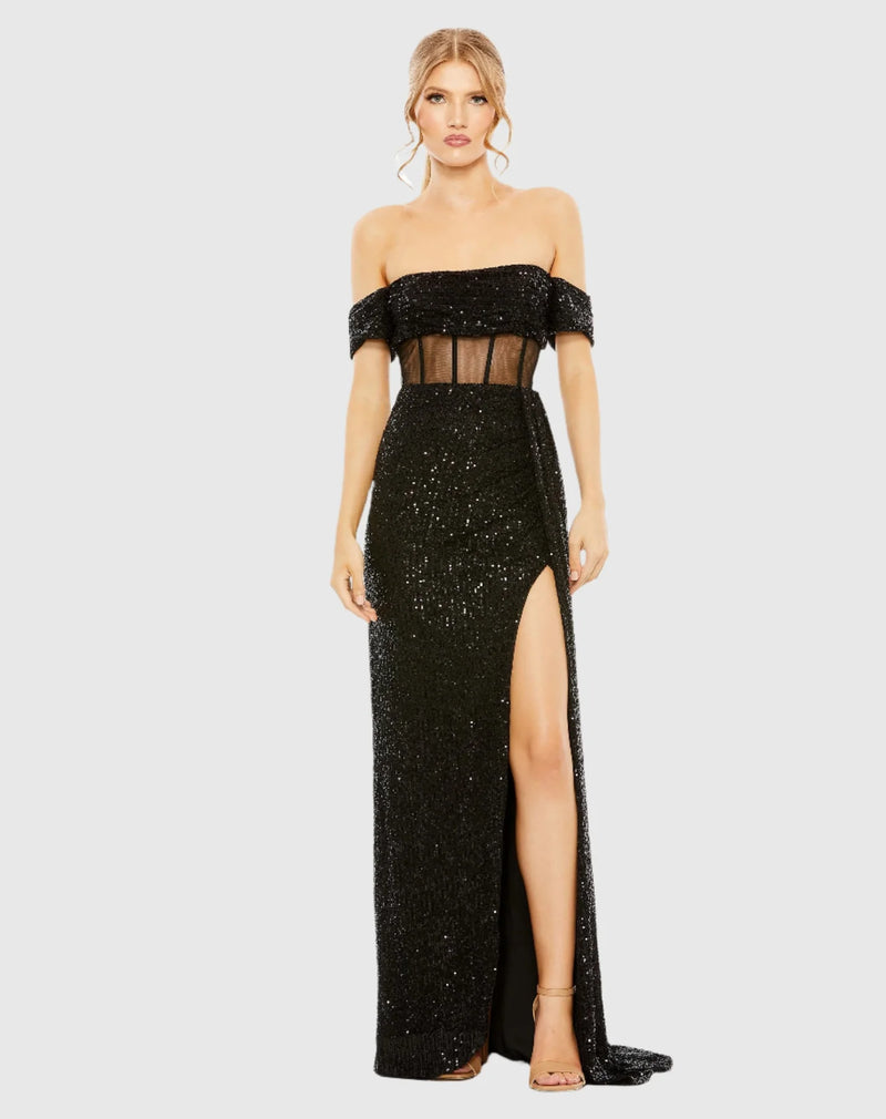 Mac Duggal, Sequin gown with sheer corset waist and thigh split, Black #11665