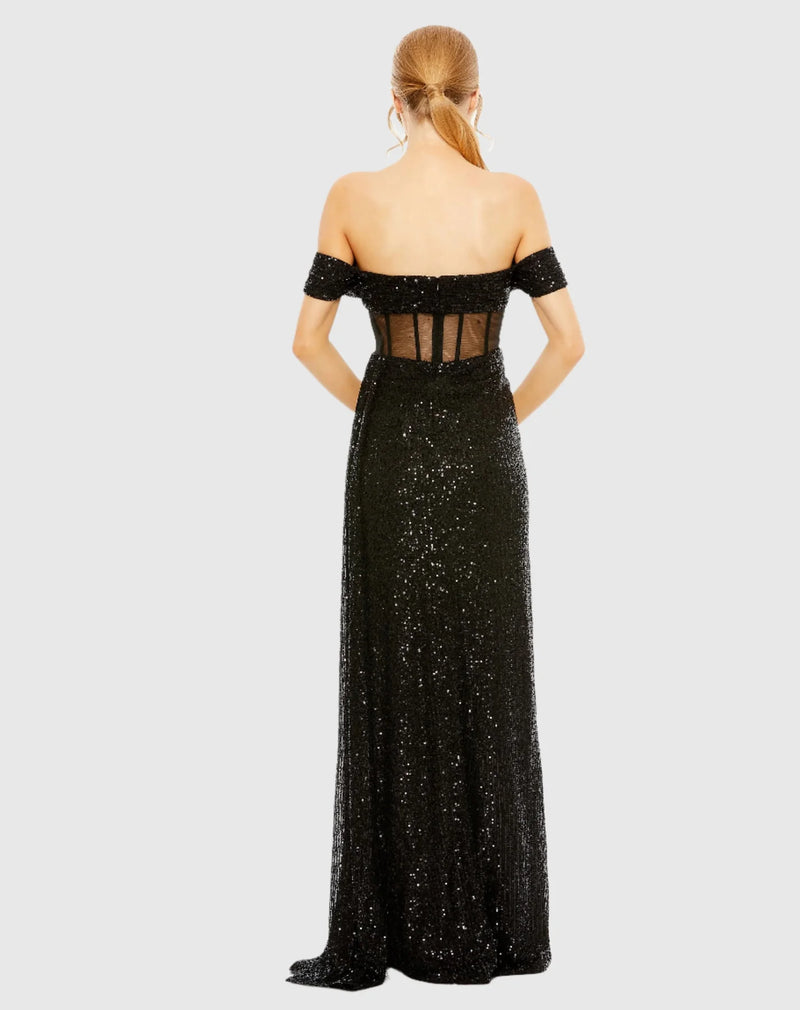 Sequin gown with sheer corset waist and thigh split - Black