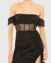 Sequin gown with sheer corset waist and thigh split - Black