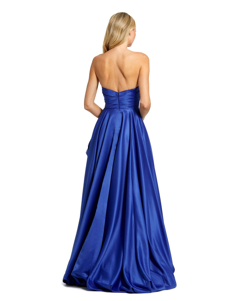 mac duggal dress, wedding guest dress, prom dress, Style #11685, strapless ruched high low gown, cobalt blue back view