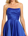 mac duggal dress, wedding guest dress, prom dress, Style #11685, strapless ruched high low gown, cobalt blue close up