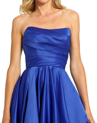 mac duggal dress, wedding guest dress, prom dress, Style #11685, strapless ruched high low gown, cobalt blue close up