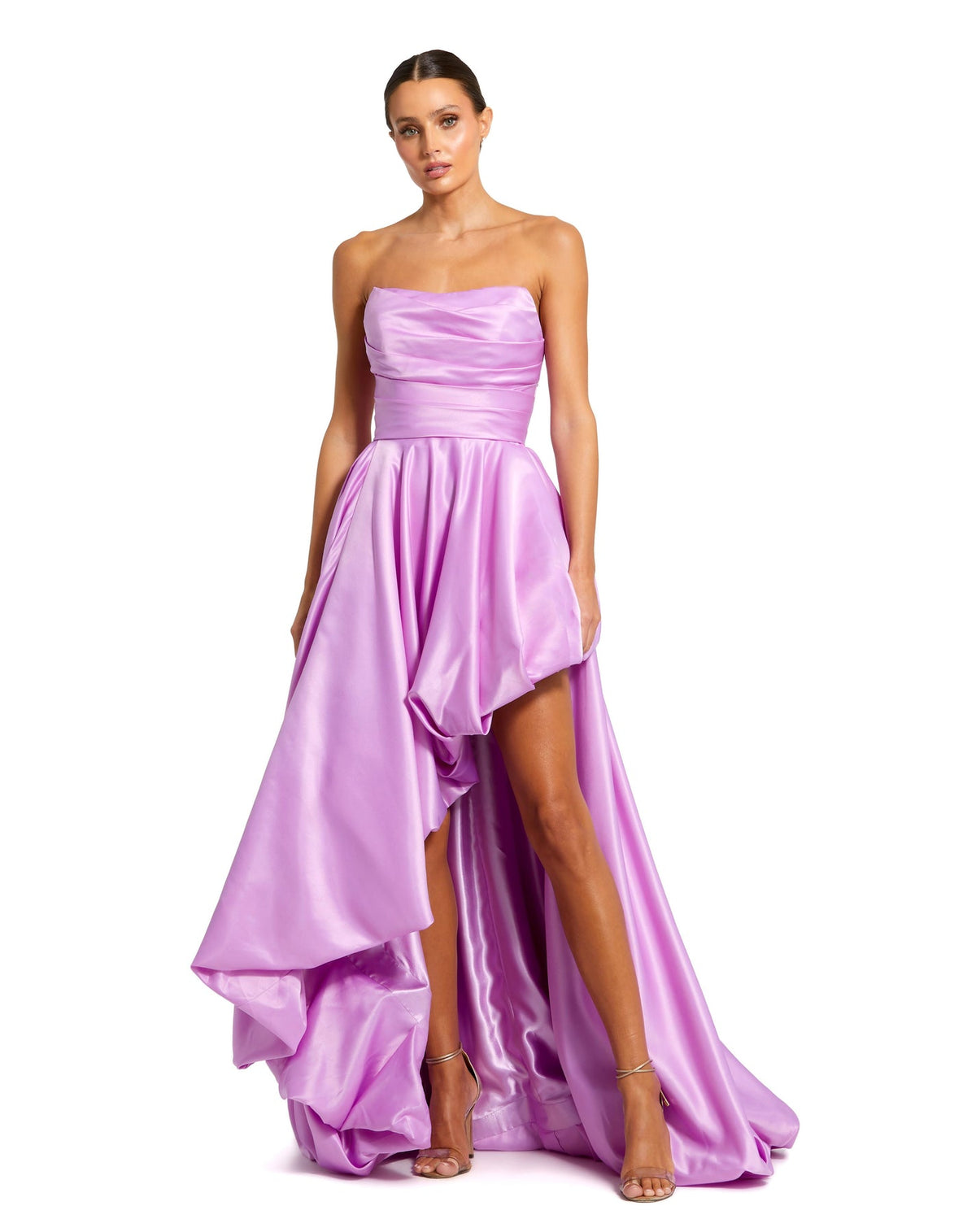 mac duggal dress, wedding guest dress, prom dress, Style #11685, strapless ruched high low gown, purple