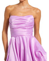 mac duggal dress, wedding guest dress, prom dress, Style #11685, strapless ruched high low gown, purple close up 