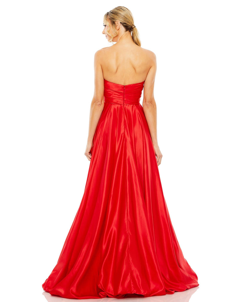 mac duggal dress, wedding guest dress, prom dress, Style #11685, strapless ruched high low gown, red back view