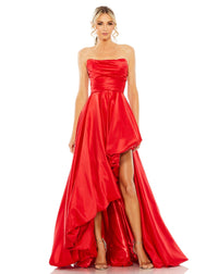mac duggal dress, wedding guest dress, prom dress, Style #11685, strapless ruched high low gown, red
