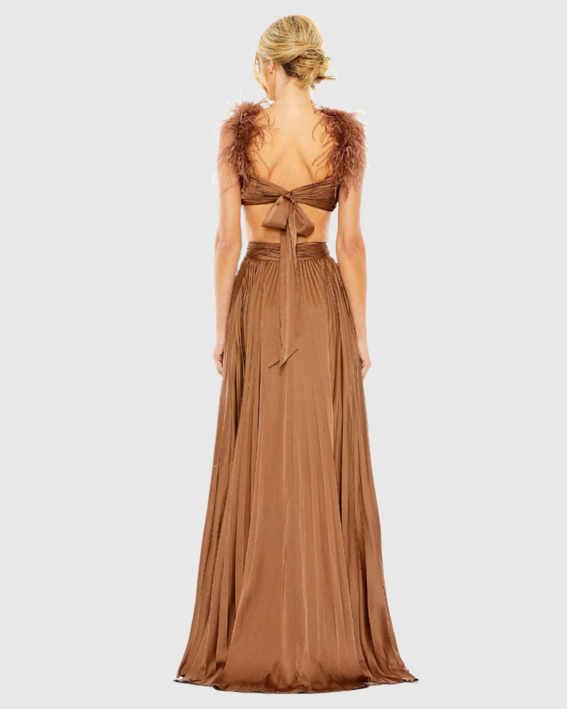 Ostrich feather detail cap sleeve cut out gown - Brown