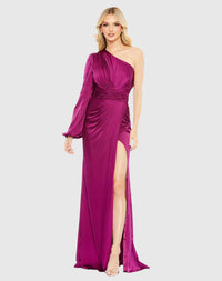 Mac Duggal #11688 Asymmetrical One Shoulder Single Long Sleeve Gown - Fuchsia