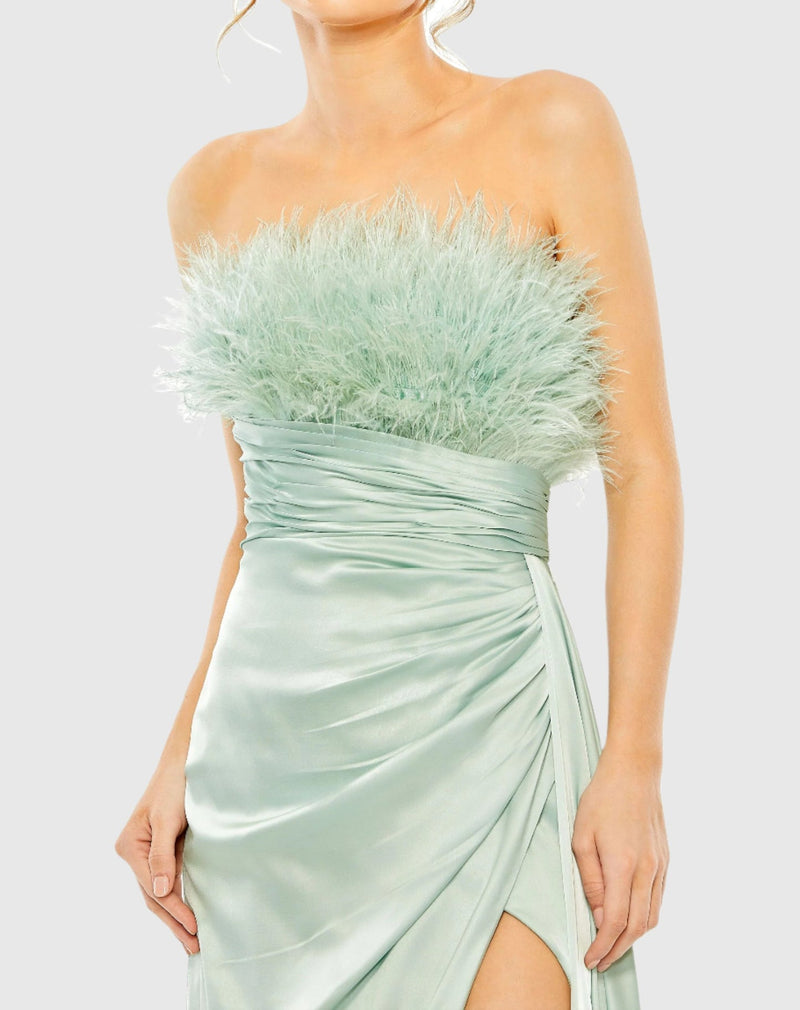 Strapless ostrich feather detail gown - Seafoam