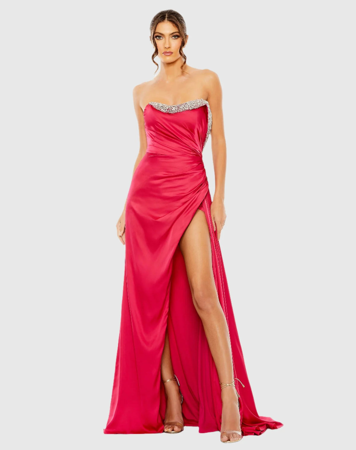 Mac Duggal #11691 Strapless ruched corset crystal embellished gown Hot Pink