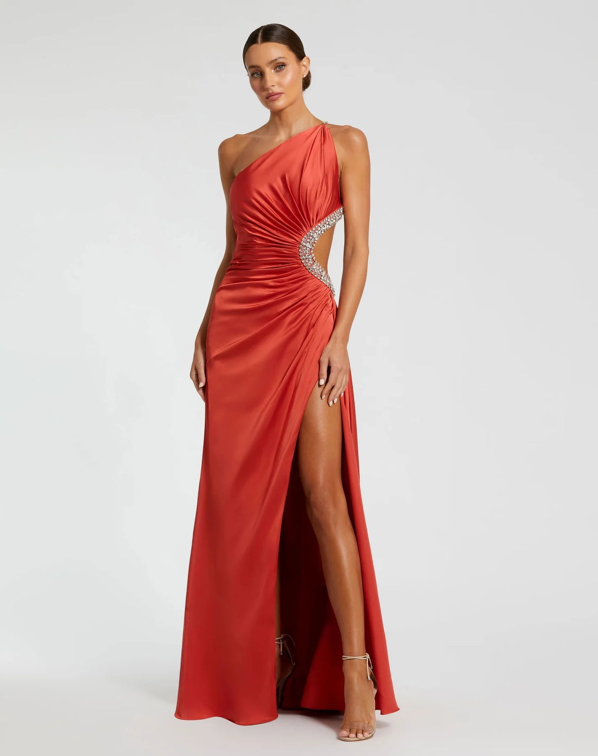 Mac Duggal, Asymmetric crystal jewel embellished cut out gown - Red #11692 