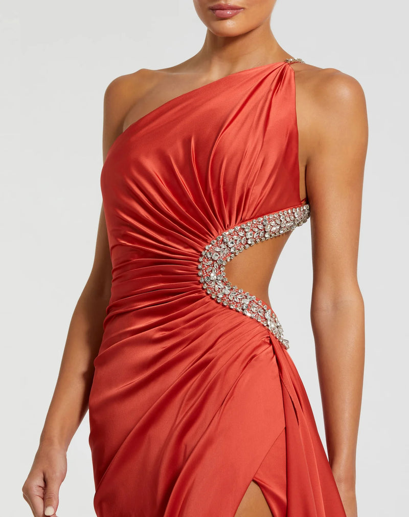 Asymmetric crystal jewel embellished cut out gown - Red