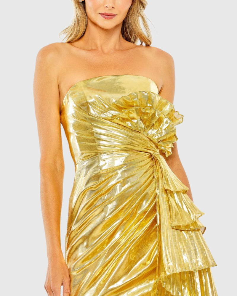 Strapless Metallic Draped Mini Dress - Gold