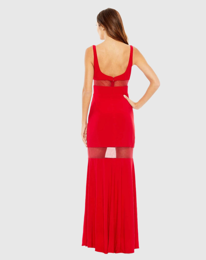 Red Sheer Mesh Panel Detail Column Gown - Red