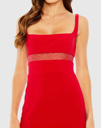 Red Sheer Mesh Panel Detail Column Gown - Red