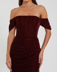 Off-the-Shoulder Velvet Bustier Gown - Wine