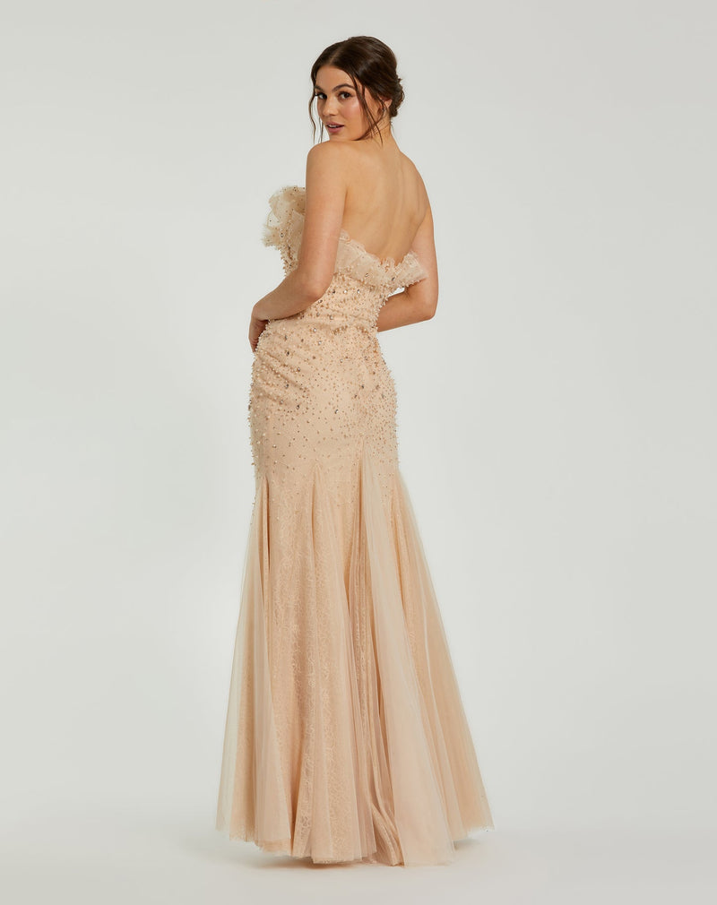 Strapless Embellished Tulle Mermaid Gown - Porcelaine