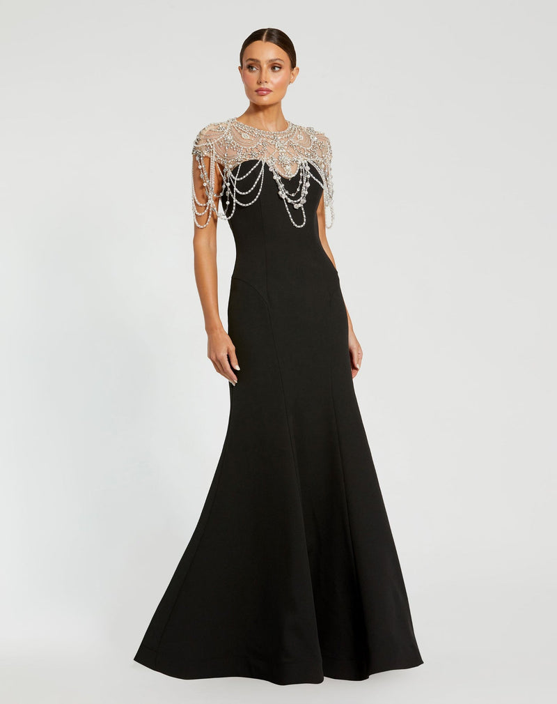 Draped Pearl Beaded Mermaid Gown - Black