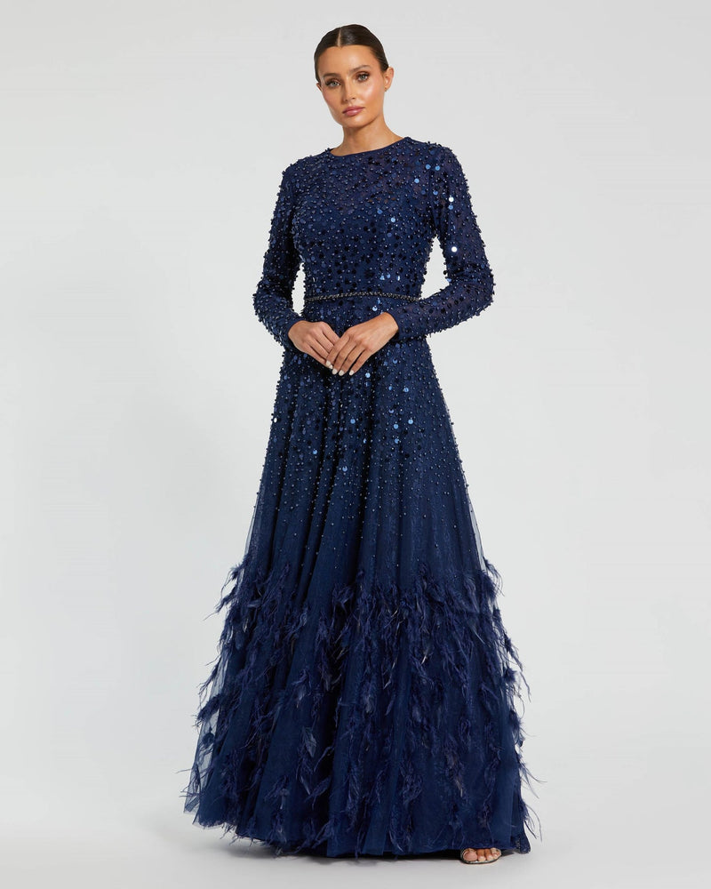 Mac Duggal, Embellished Long Sleeve Ostrich Feather Modest Gown -Midnight Navy Blu  #11782