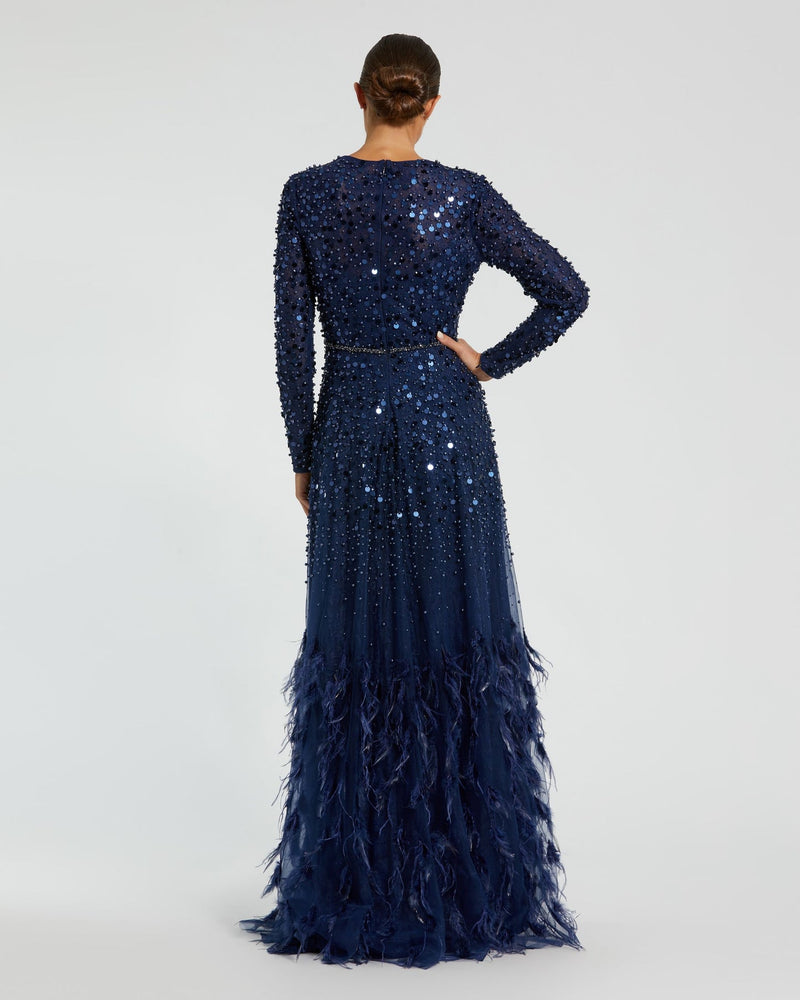 Embellished Ostrich Feather Modest Gown - Midnight Blue