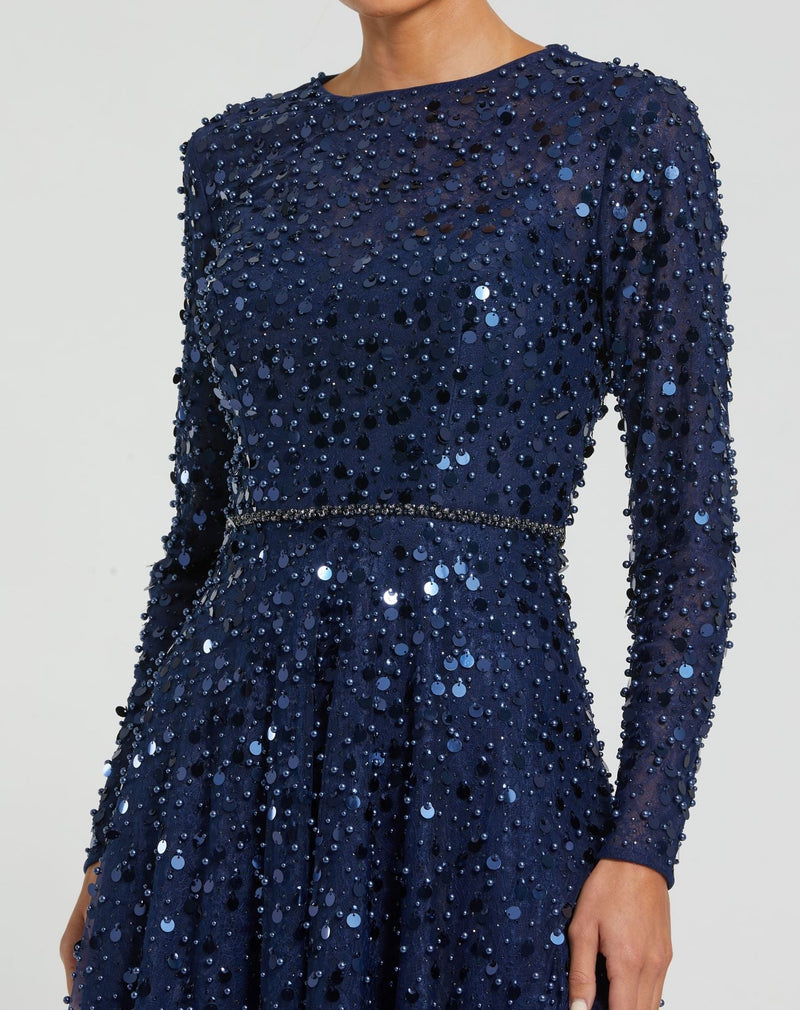 Embellished Ostrich Feather Modest Gown - Midnight Blue