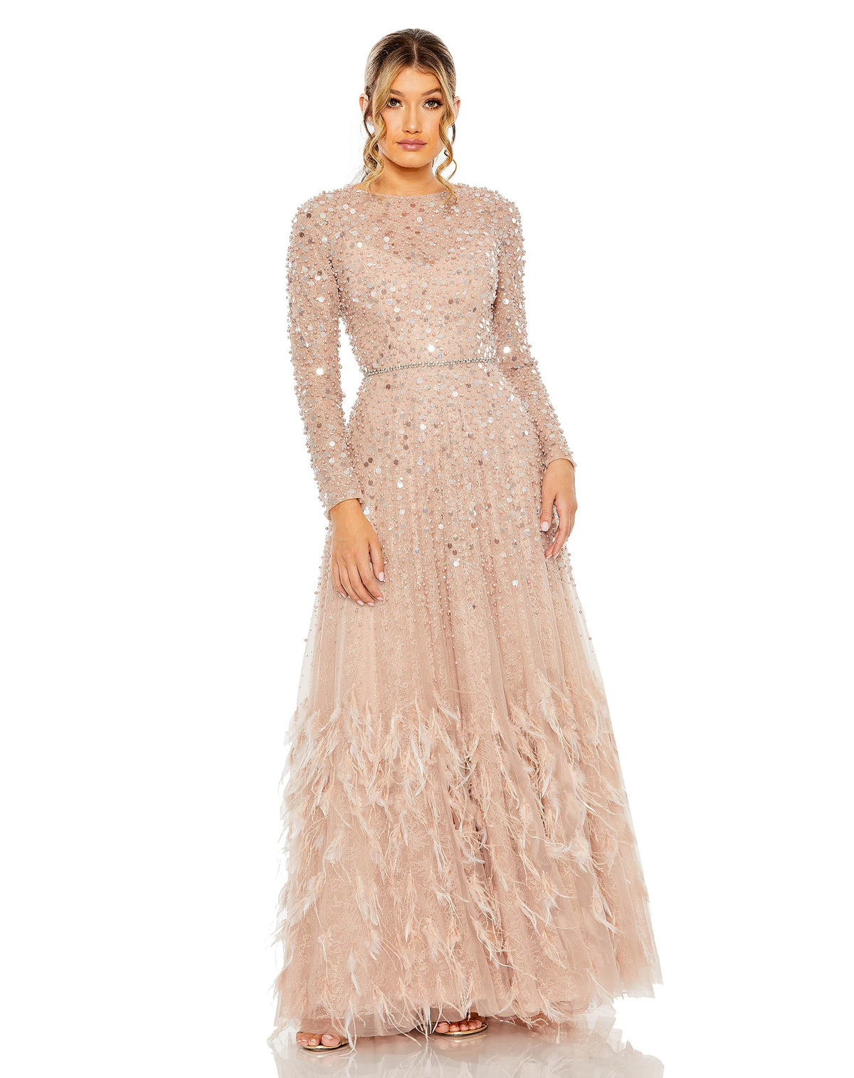 mac duggal, DISC EMBELLISHED SEQUIN GOWN WITH FEATHER DETAIL, Style #11782, dusty rose