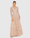 Mac Duggal, Embellished Long Sleeve Ostrich Feather Modest Gown - Dusty Rose #11782