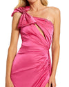 Mac Duggal, Style #11788, Satin asymmetric one shoulder bow detail gown, Pink close up