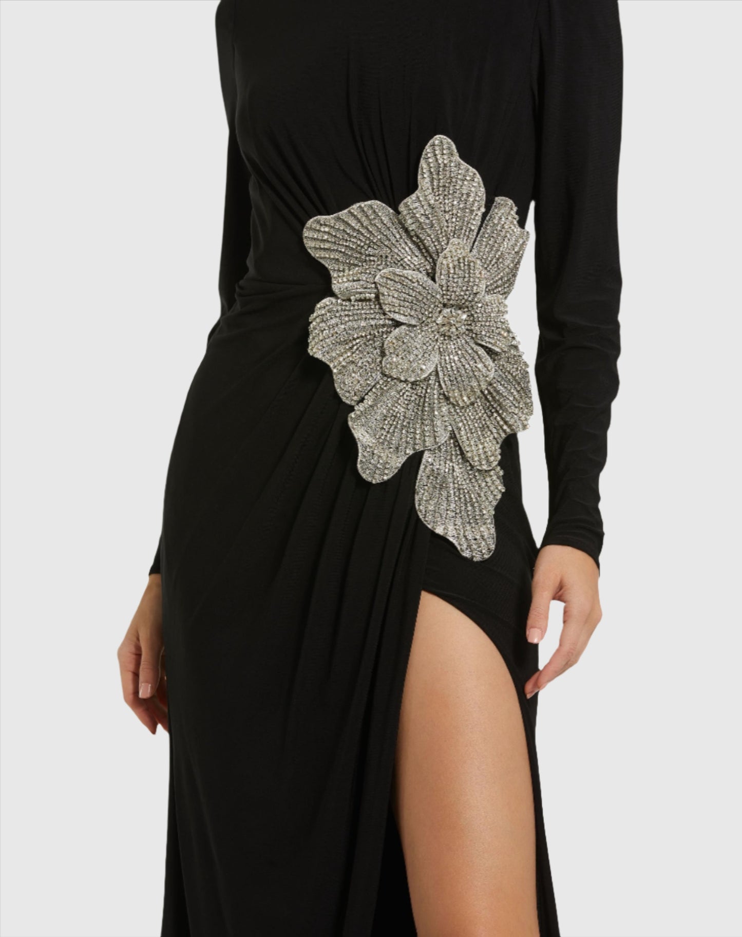 Jersey Gown With Embellished Diamond Flower Black