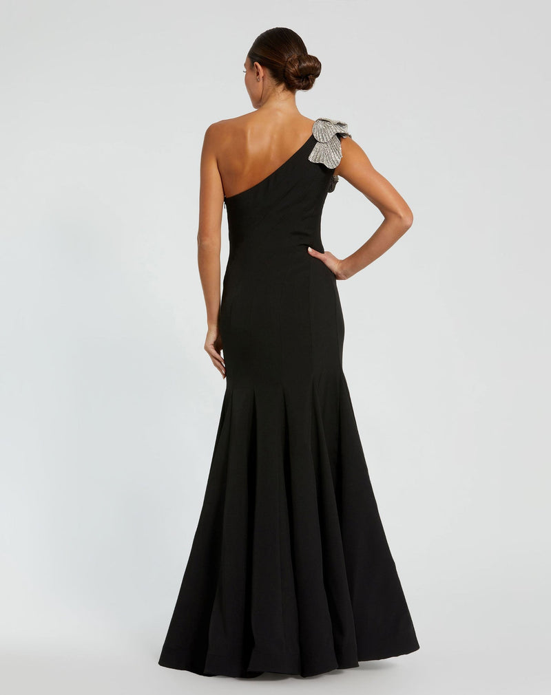 Black Crepe One Shoulder Gown With Flower - Powder Blue