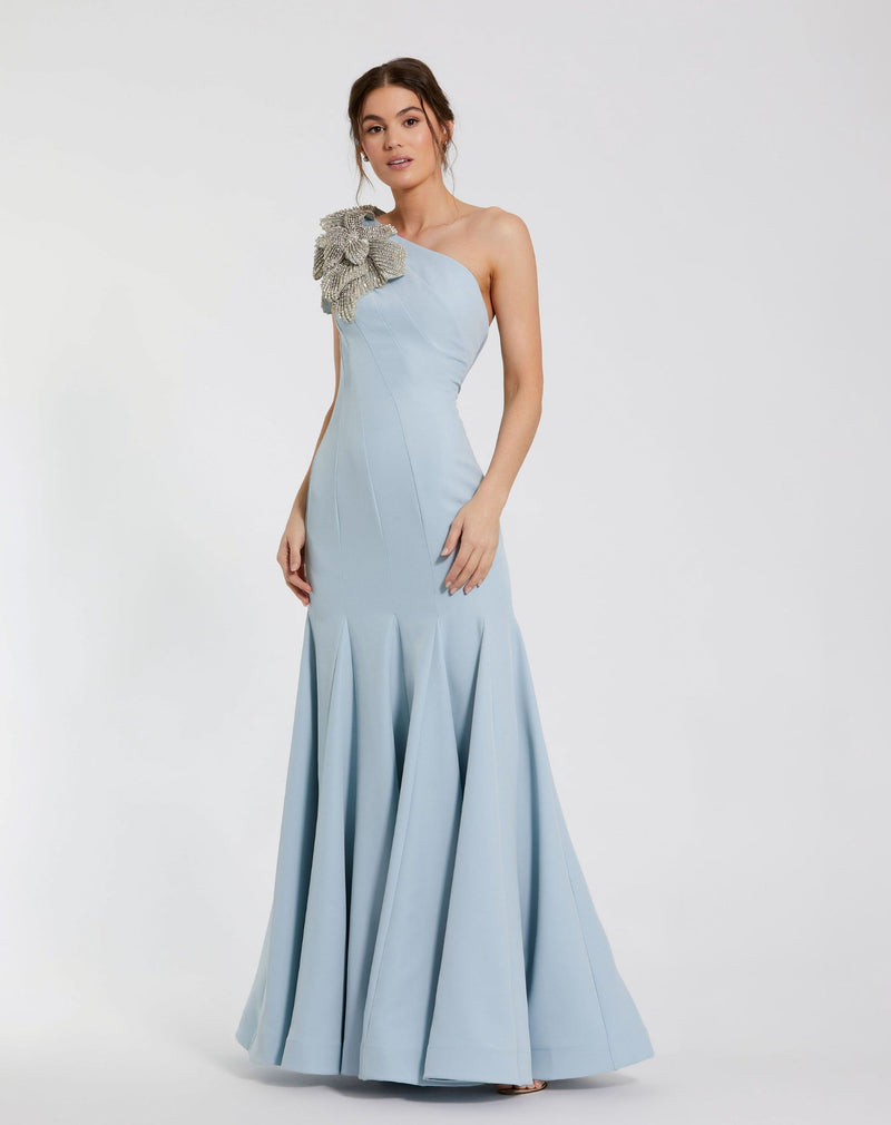 Powder Blue Crepe One Shoulder Gown With Flower Powder Blue  #11810