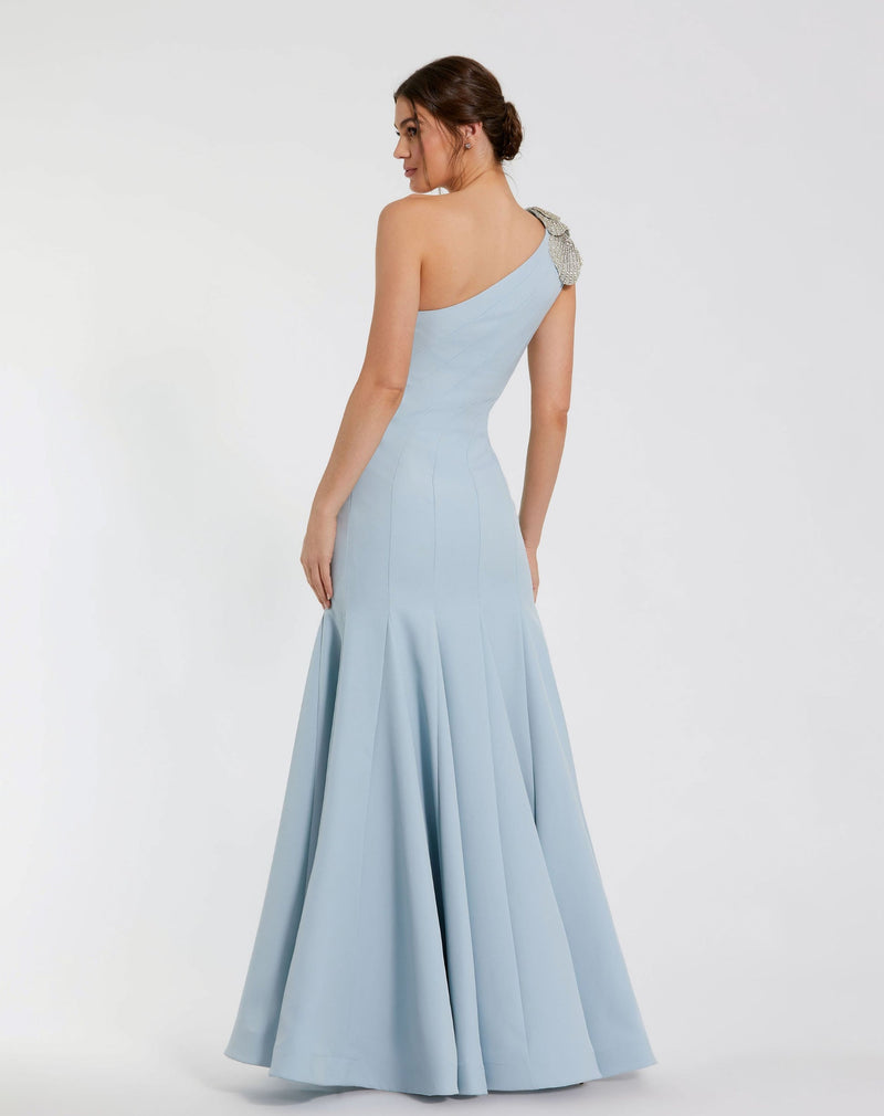 Black Crepe One Shoulder Gown With Flower - Powder Blue