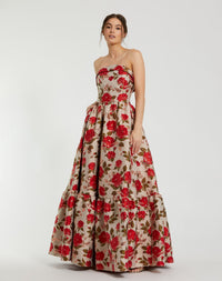 Mac Duggal, Brocade Strapless Floral Gown With Ruffle Hem, Antique Multi #11827