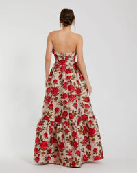 Brocade Strapless Floral Gown With Ruffle Hem - Antique