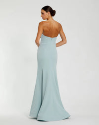 Crepe Strapless Gown With 3D Rhinestone Flower - Blue