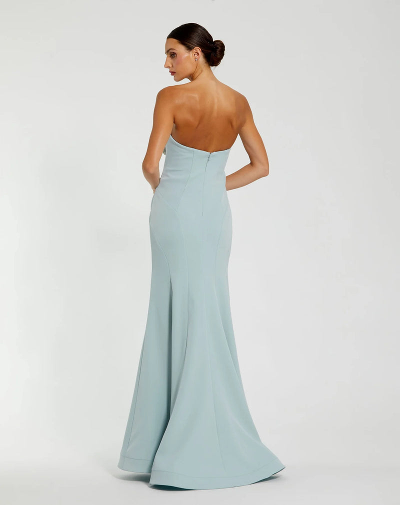 Crepe Strapless Gown With 3D Rhinestone Flower - Blue