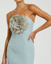 Crepe Strapless Gown With 3D Rhinestone Flower - Blue