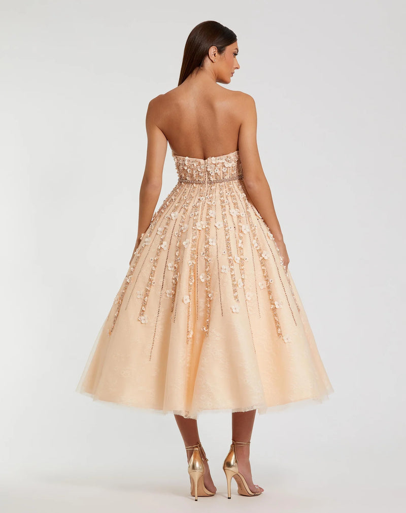 Embellished Lace Strapless Midi A Line Dress - Champagne