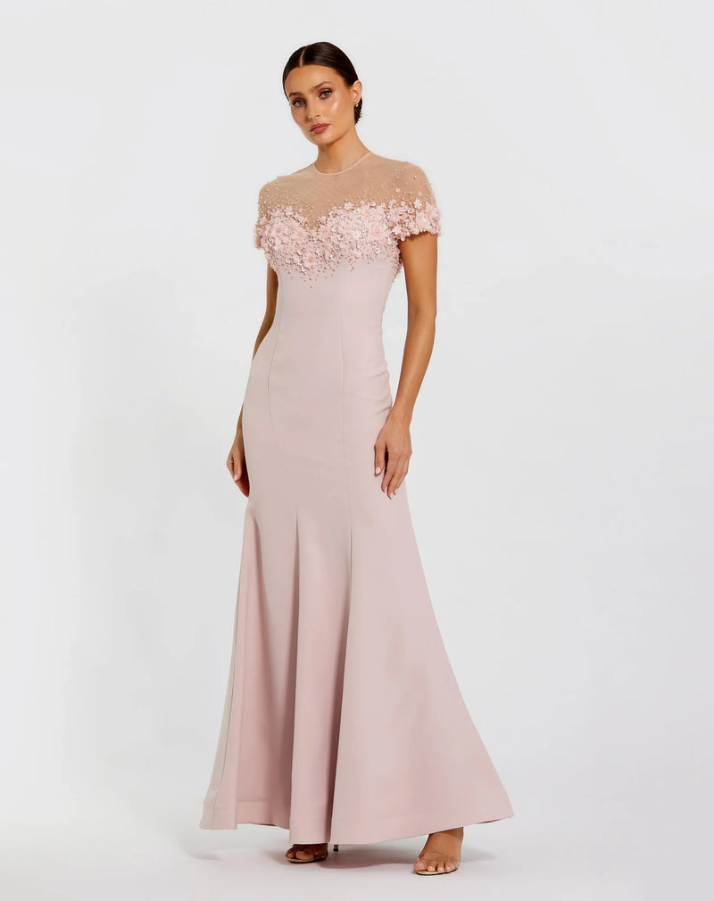 Mac Duggal Pink Mermaid Crepe Gown With Beaded Illusion Neck Mauve #11867