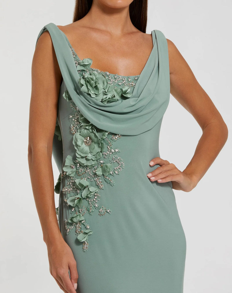 Sleeveless Jersey Cowl Neck Gown With Beading - Sage