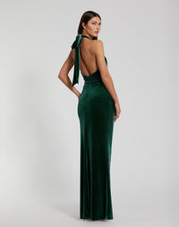 Twist Neck Open Front Velvet Draped Gown - Emerald