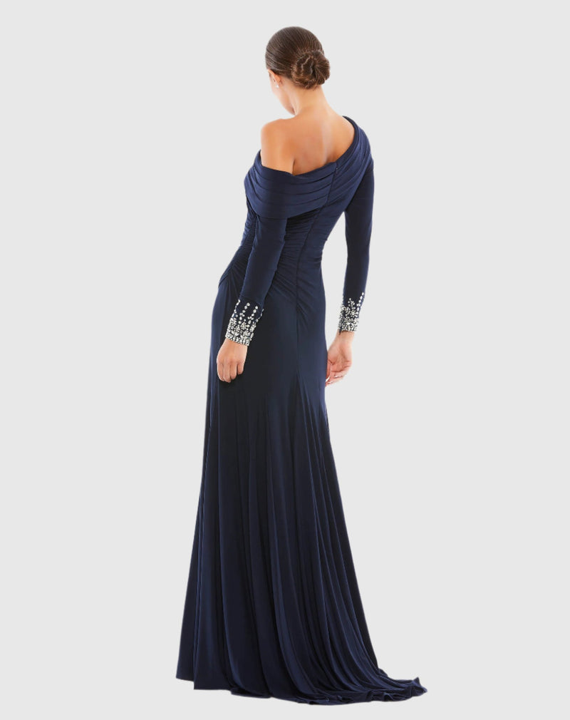 Off-the-shoulder jersey gown with jewel-accented cuffs - Emerald