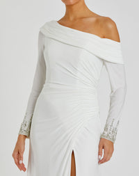 Off-the-shoulder jersey gown with jewel-accented cuffs - White