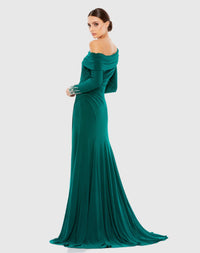 Off-the-shoulder jersey gown with jewel-accented cuffs - Emerald