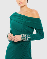 Off-the-shoulder jersey gown with jewel-accented cuffs - White