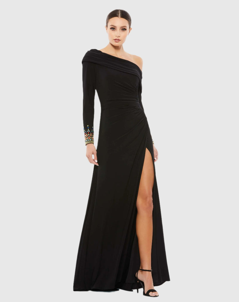 Off-the-shoulder jersey gown with jewel-accented cuffs - Emerald