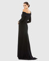 Off-the-shoulder jersey gown with jewel-accented cuffs - White