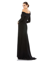 Off-the-shoulder jersey gown with jewel-accented cuffs - White