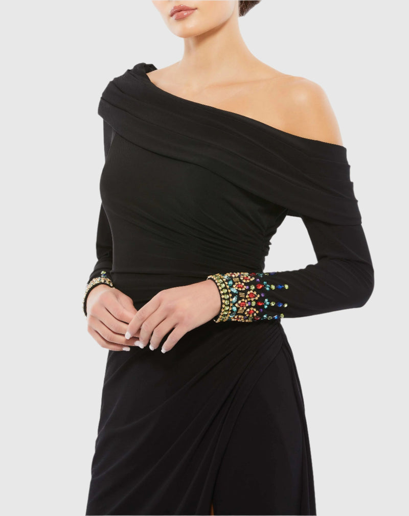 Off-the-shoulder jersey gown with jewel-accented cuffs - Black