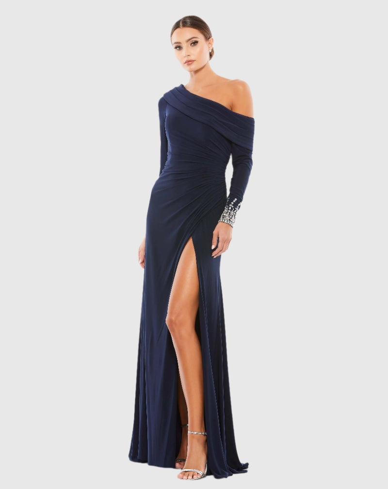 Off-the-shoulder jersey gown with jewel-accented cuffs - Emerald